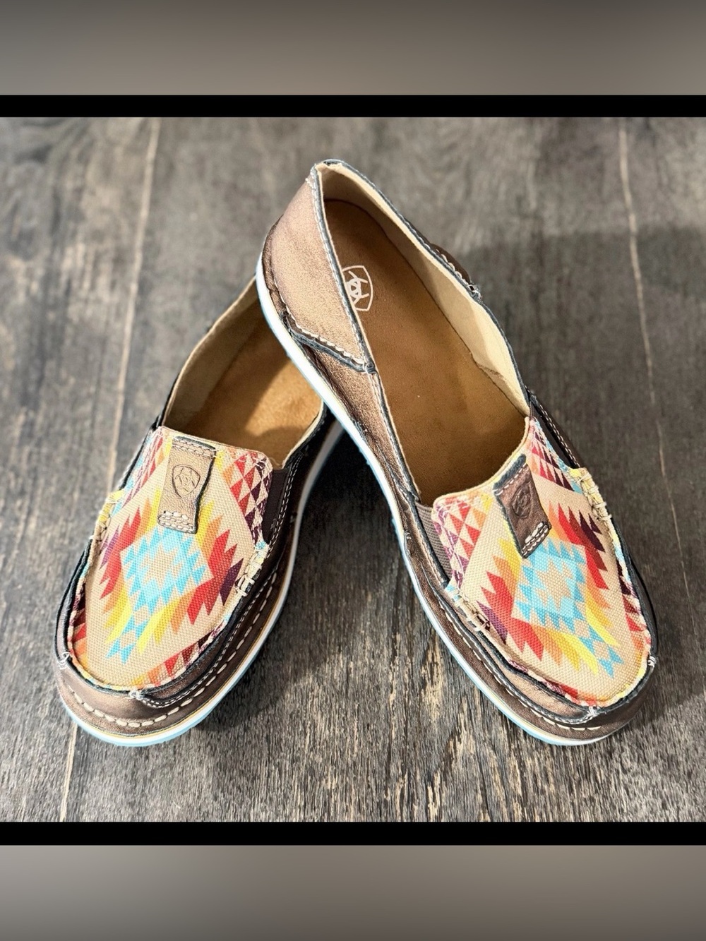 Women’s ARIAT Sz. 7.5 Slip On Multicolored Aztec Print Copper Shoes EUC